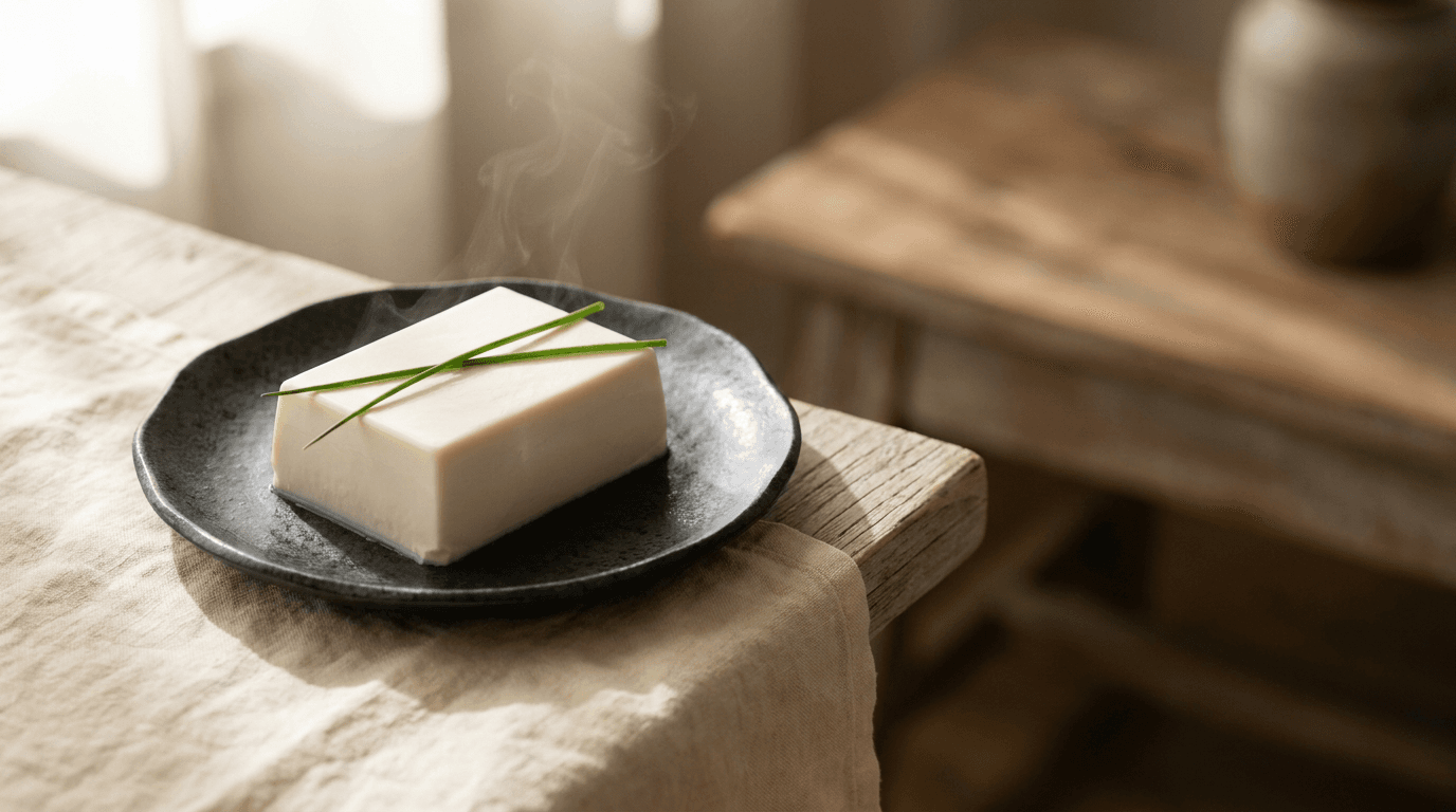 A pristine block of EZUMI silken tofu on dark ceramic
