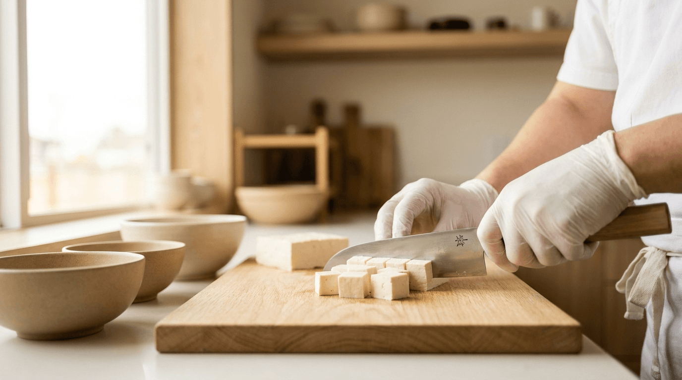 A chef slicing fresh tofu on an oak board